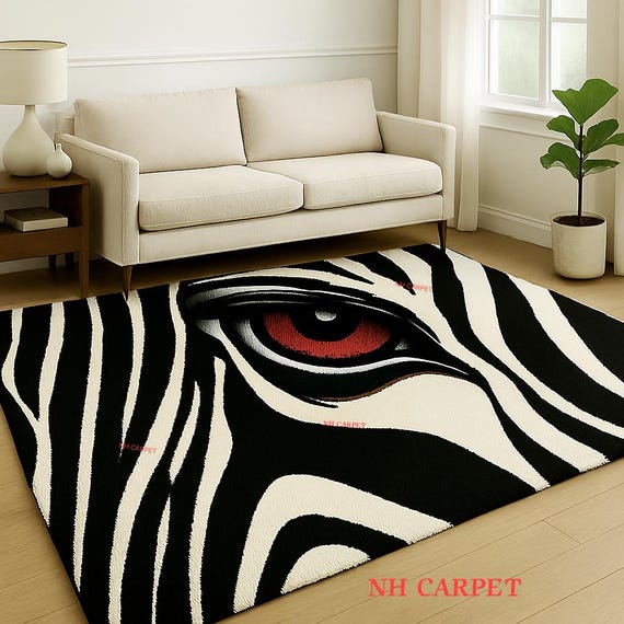 white abstract art, zebra print, animal pattern, moder area rug, living room bedroom, non , red eye unique