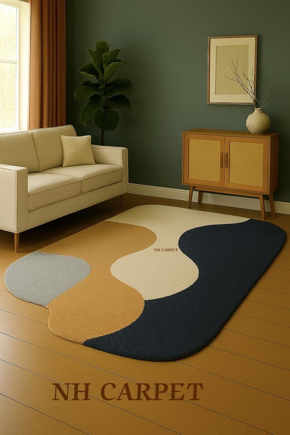 Modern abstract rug, contemporary home decor, organic shape area rug, minimalist living room, retro-style furniture,
