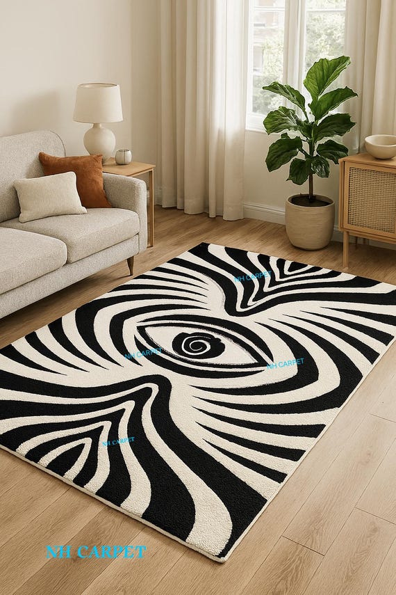 Modern Black and White Optical Illusion Rug – Abstract Eye Design Hand-Tufted Wool Carpet for Living Room, Bedroom, or Office Décor”