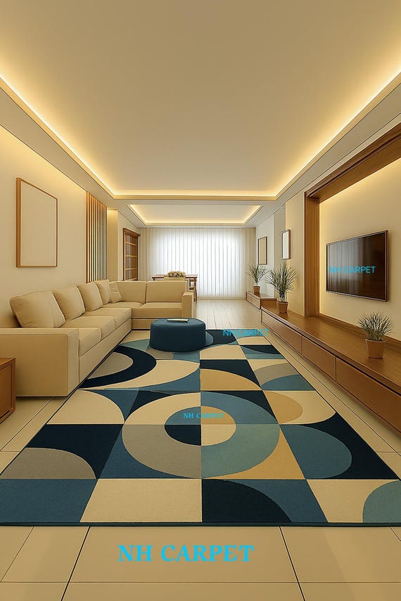 Abstract Circles & Squares Area Rug | Blue and Beige Patterned Floor Mat | Soft and Durable Carpet for Living Room and Bedroom | NH CARPET