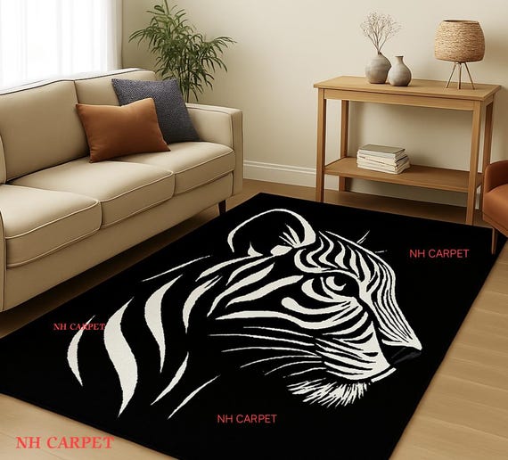Tiger Head Area Rug - Black & White Striped Animal Print Carpet - Modern Abstract Wildlife Decor for Living Room, Bedroom, Office