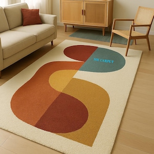 Mid-Century Modern Abstract Wool Area Rug: Burnt Orange, Teal,