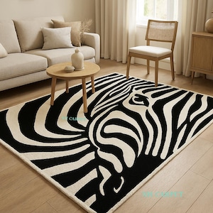 Modern Black & White Accent Carpet Hand-Tufted Zebra Print Wool Area Rug