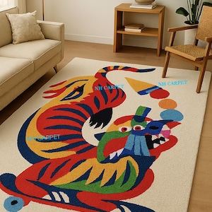 Tiger Rug, Modern Funky Living Room Carpet, Unique Animal Area Rug, Hand-Tufted Wool Accent Mat, Artistic Statement Floor Decor