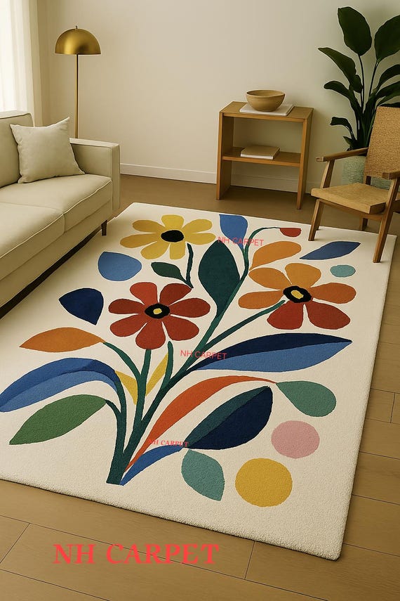 Modern Abstract Floral Rug, Hand-Tufted Wool Blend Area Carpet - Cream  Multicolor Statement Piece for Living Room, Nursery & Bedroom Decor.