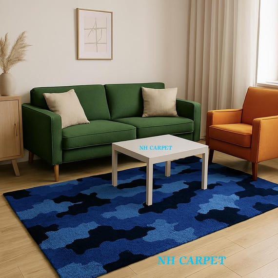 Dark Blue and Black Camo Area Rug for Living Room, Bedroom, or Office. Modern Abstract Camouflage Floor Carpet with Non-Slip Backing