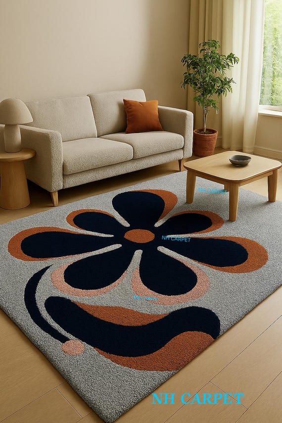 Modern Boho Floral Rug, Abstract Flower Power Area Rug, Mid-Century Mod Hand-Tufted Wool Rug, Retro Chic Living Room Decor
