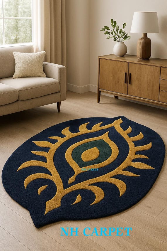 Peacock Feather Design Carpet, Modern Boho Area Rug Unique Leaf Shape Floor Decor, Custom Size NH CARPET"