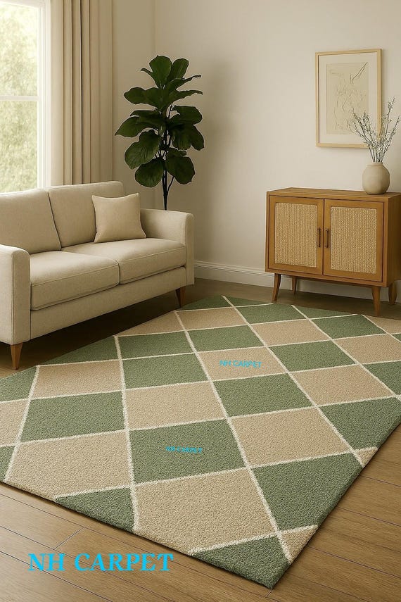 Soft Green and Beige Diamond Checkered Area Rug | Geometric Living Room Carpet
