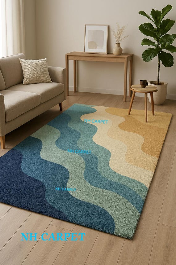 Ocean Inspired Blue & Beige Abstract Carpet for Living Room, Bedroom Office - Modern Geometric Design Soft  Durable Floor Decor.
