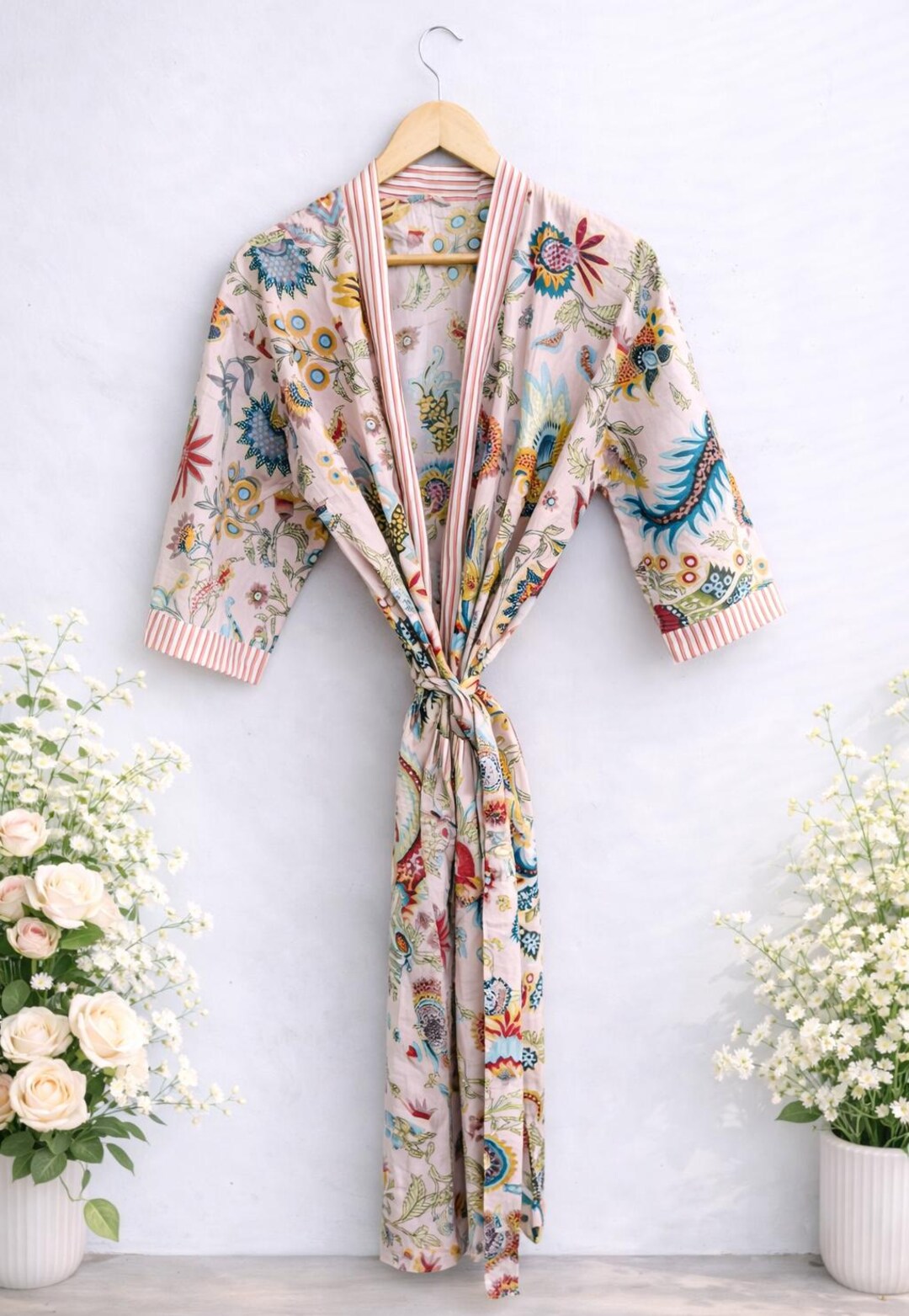 Floral Cotton Wrap Robe, Lightweight Block Print Dressing Gown - Etsy