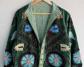 Green Suzani Embroidered Velvet Short Jacket, Handmade Vintage Jacket, Floral Suzani Jacket