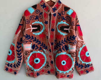 Bohemian Suzani Embroidered Velvet Jacket – Vintage Style Floral Boho Coat – Colorful Festival Outerwear for Women
