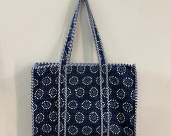 Indian Printed Cotton Tote Bag, Handmade Bag, Print Quilted Cotton Tote Bag: Handmade Shopping Bag, Market Bag,