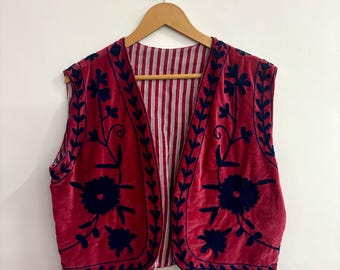 Bestickter Weste Mantel, Samt Weste, Ärmelloser Weste Mantel, Suzani Samt Weste Mantel, Blumenmuster, Boho Weste Jacke, Geschenk für sie