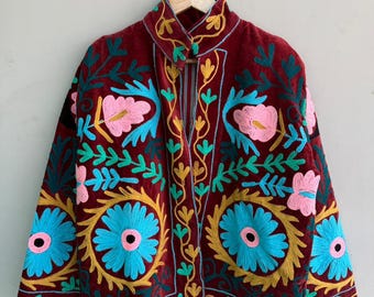 Handmade Velvet Jacket – Colorful Floral Embroidered Boho Coat, Winter Ethnic Wear, Festival Statement Jacket
