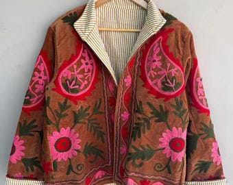 Bohemian Velvet Suzani Jacket, Handmade Embroidered Coat