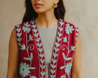 Handmade Velvet Embroidered Vest – Boho Floral Sleeveless Jacket