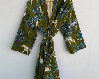 Green velvet cotton Kimono Robe Jackets Dressing Gown,wedding robe Bridesmaid winter bathrobe women men gift reversible jacket Kantha coat
