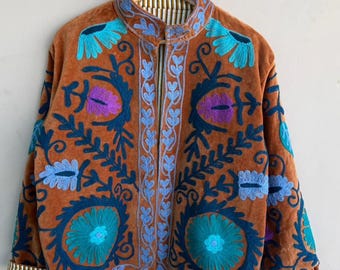 Sammetsjacka, Broderad Suzani Unik Jacka, Boho Vinterjacka, Ren Sammetsjacka