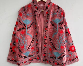 Boho Embroidered Velvet Jacket | Vintage Floral Coat | Handmade Bohemian Kimono | Colorful Folk Art Outerwear | Winter Festival Jacket