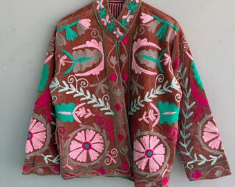 Handmade Velvet Jacket – Floral Embroidered Coat – Boho Suzani Style Festival Outerwear – Women’s Ethnic Clothing