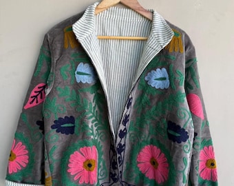 Embroidered Suzani Velvet Short Jacket | Bomber Outerwear | Floral Suzani Duster Coat, Gift For Her, Bridesmaid Gift
