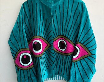 Giacca in velluto ricamata Suzani fatta a mano: cappotto corto boho chic, regalo per lei