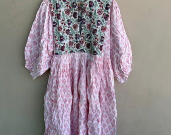Hand Block Print Cotton Midi Dress for Women | Blue Floral Printed Dress |