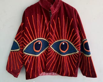 Eye Embroidery Velvet Jacket – Handmade Boho Statement Coat, Festival Wear, Embroidery Jacket, Velvet Suzani, Jacket, Gift For Her
