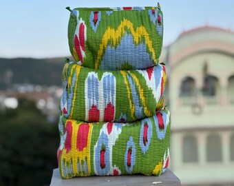 Set Of 3 Quilted Toiletry Bag, Block Print Color Make Up Bag, Cosmetic Bag - Gift For Her