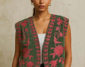 Chaleco Suzani de terciopelo bordado: chaleco bohemio sin mangas