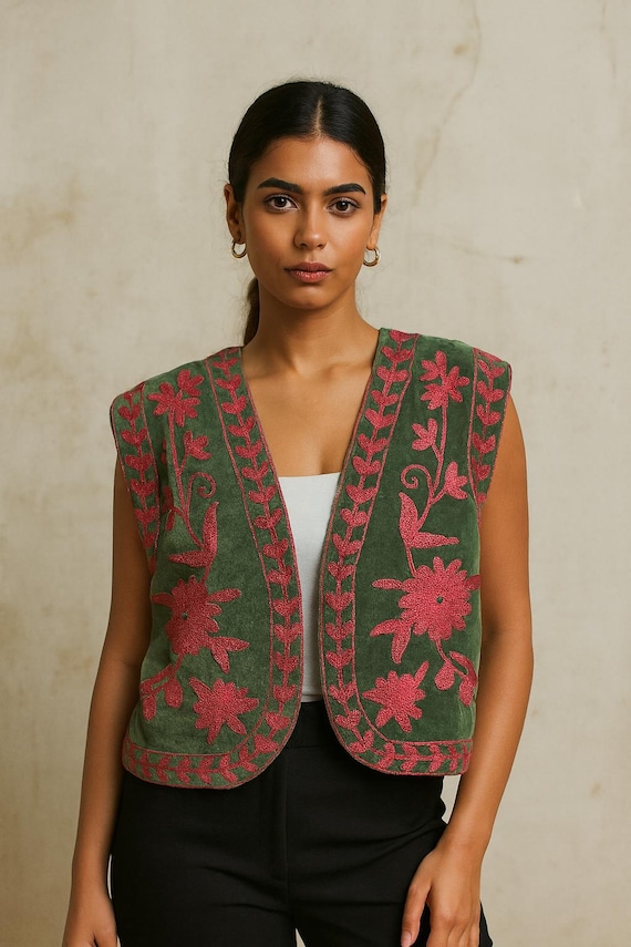 Embroidered Velvet Suzani Vest: Boho Sleeveless Waistcoat