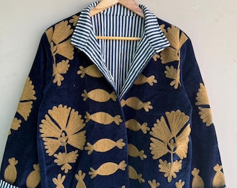 Handcrafted Suzani Velvet Jacket: Ethnic Boho Embroidered Outerwear