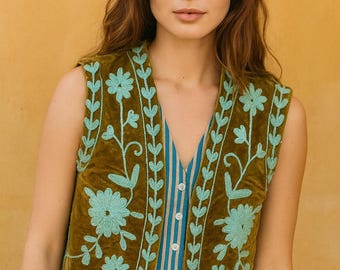 Handgemachte bestickte Samtweste - Boho Blumenweste, Kaschmir-Stil Jacke, Vintage ethnische ärmellose Jacke für Frauen
