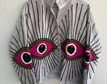 Velvet Suzani Embroidered Evil Eye Jacket: Boho Coat | Winter Wear Jacket | Quilted | Kimono Robe Gift For Her