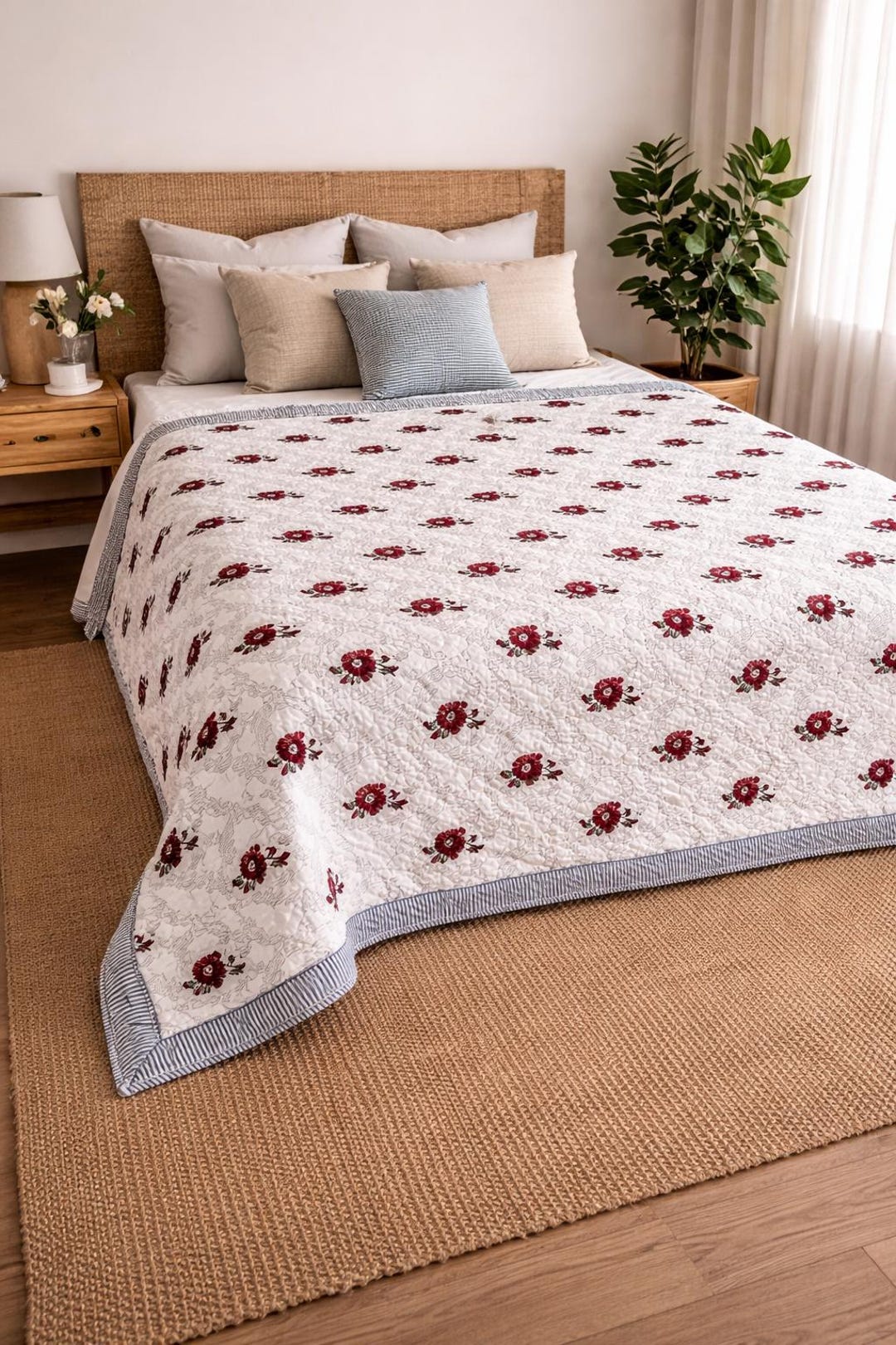 Red Razai Hand Block Printed Cotton Razai – Red Floral Lattice Design ...