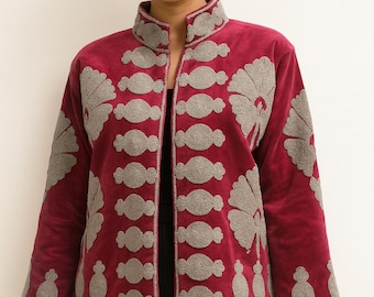 Vintage Velvet Suzani Winter Short Jacket |Boho Floral Jacket | Bomber Suzani Jacket | Winter Warmed Coat | Duster Boho Coat