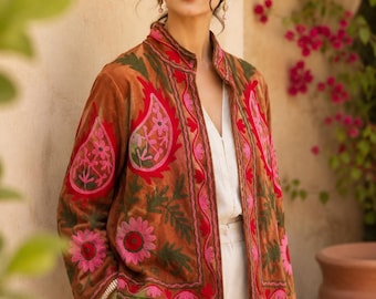 Handmade Velvet Suzani Embroidered Jacket, Boho Short Coat