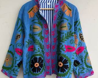 Floral Embroidery Jacket, Suzani Jacket, Women's Short Suzani Jacket, Handmade Cotton Jacket, Gift for Her
