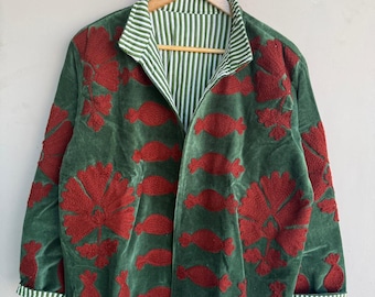 Handmade Velvet Embroidered Jacket | Boho Green Suzani Coat