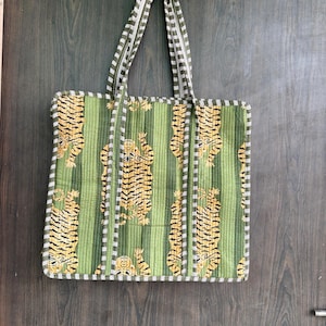 Tiger Print Cotton Tote Bag Eco Friendly Sustainable Sturdy Grocery Shopping Tote Bag Handmade Boho Bag Quilted Tote Bag Market Bag