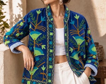 Floral Embroidered Velvet Suzani Jacket: Handmade Indian Style Coat Velvet Suzani Jacket | Boho Floral Duster Coat