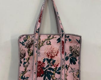 Cotton Quilted Tote Bag, Boho Floral Hand Block Printed Shopping Bags, Beach Bag, Travel and Shoulder Tote Bags, Women Gifts,