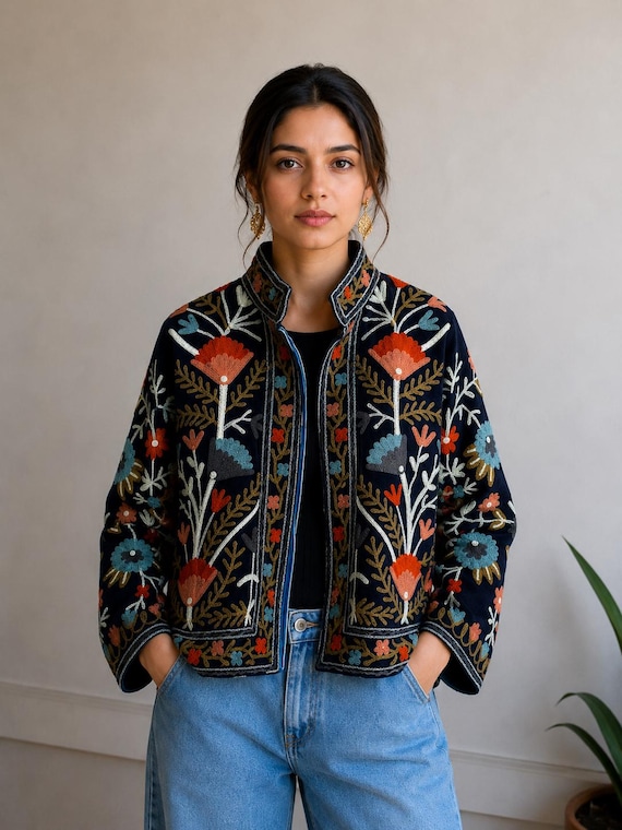 Suzani Valvet Handmade Embroidery Reversible Jacket And Coat