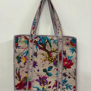 Cotton Quilted Tote Bag, Boho Floral Hand Block Printed Shopping Bags, Beach Bag, Travel and Shoulder Tote Bags, Women Gifts, Gifts For Her