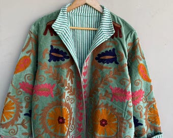 Green Velvet Embroidered Boho Jacket, Handmade Floral Ethnic Vintage Winter Coat for Women