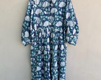 Hand Block Print Cotton Midi Dress for Women | Blue Floral Printed Dress |