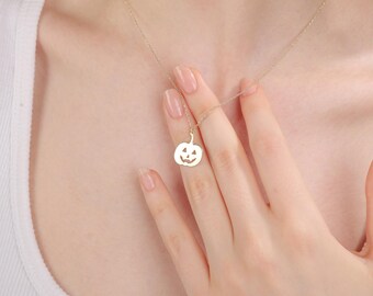 Collar de calabaza de oro de 14 k: colgante con dije de Halloween