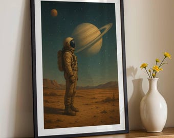 Poster di arte spaziale moderna di metà secolo - Astronauta e Saturno, SENZA CORNICE